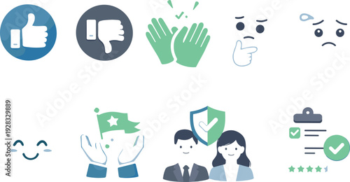 Modern flat feedback and approval icon set with like dislike clapping rating review security and customer satisfaction concepts