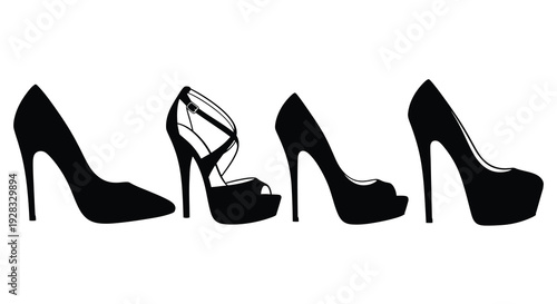 A collection of high heeled shoes in a dark striking silhouette