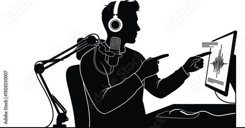 Podcast host speaking into microphone while monitoring audio waveform on computer screen professional broadcasting studio silhouette vector illustration concept