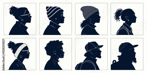 Diverse silhouettes of people with various hairstyles and headgear Vector