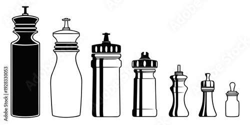 Assorted vintage bottles and vases displayed in a row Vector