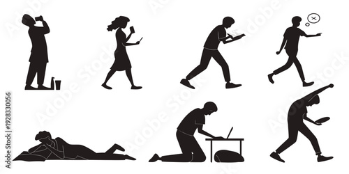 A series of black silhouettes depicting various human activities and postures Vector
