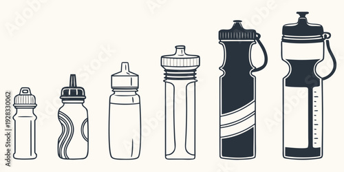 A series of water bottles of various sizes and designs for different ages and needs. Vector