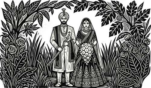 Indian royal wedding couple illustration, traditional bride and groom in ornate attire surrounded by floral decorative vintage vector art