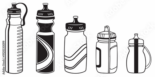 Assorted water bottles in a row with different designs and colors Vector