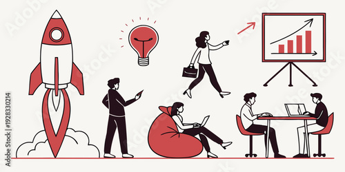 Diverse team of professionals collaborating on a business project with a rocket launch Vector