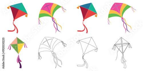 Kite Icon Set – Flying Diamond Kite with Decorative Tail Vector Illustration for Apps, Web and Toys