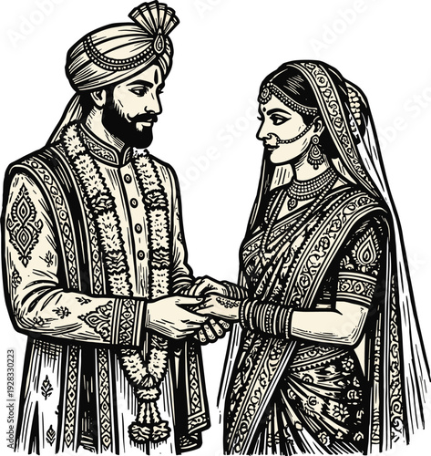 Indian wedding couple illustration, traditional bride and groom in ethnic attire black and white vintage style vector artwork