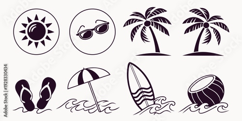 Assorted tropical and beach-themed icons and illustrations Vector