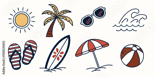 A vibrant beach scene with various weather conditions and beach items Vector