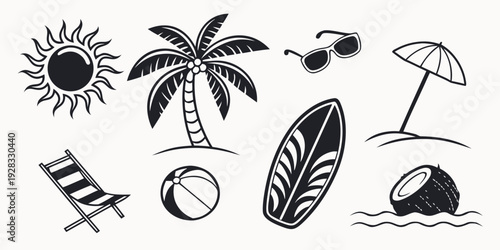 Vacation icons featuring sun, palm tree, beach umbrella, and more Vector