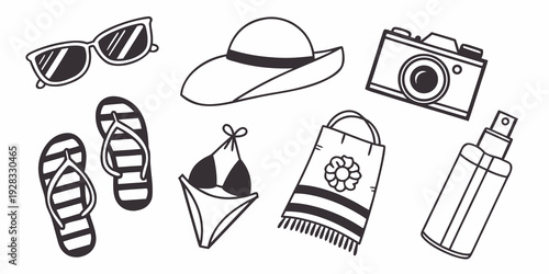 Assorted summer vacation items including a hat, sunglasses, and a camera. Vector
