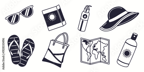 A collection of various items including shoes, a camera, and a book Vector