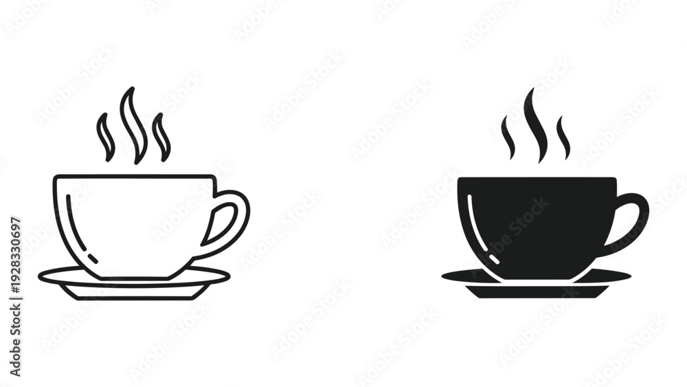 Obraz premium Hot Coffee Cup Icon Set: Line Art and Silhouette