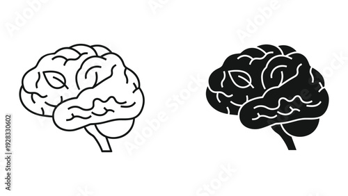 Outline and Silhouette Brain Icons with Leaf Symbol, Isolated on White