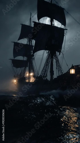A ghostly pirate ship sails through stormy seas under a full moon, with lit lanterns and a dark, ominous background