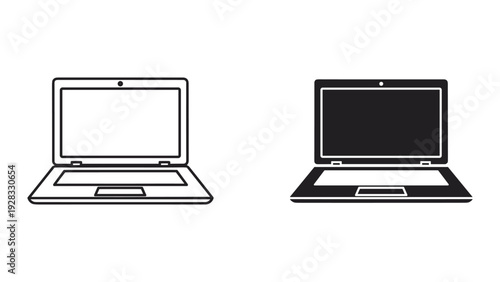 Laptop Icons: Line Art and Solid Fill, Isolated on White