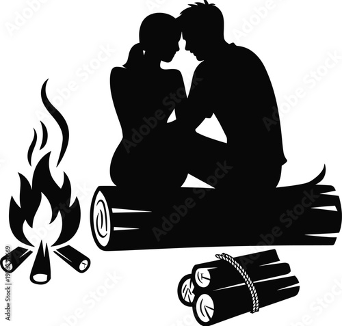 Romantic couple silhouette by campfire, love scene sitting on log black vector illustration isolated on white background