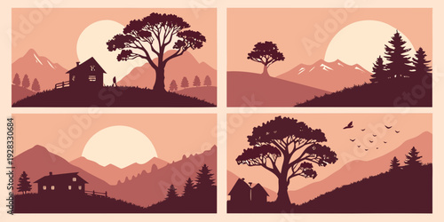 A serene sunset landscape with trees and mountains in a warm, earthy color palette Vector