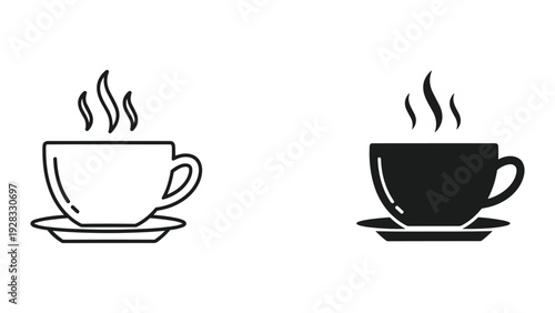 Hot Coffee Cup Icon Set: Line Art and Silhouette