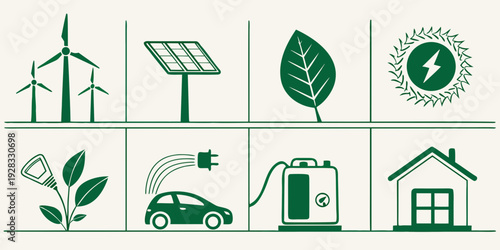 Icons representing sustainable agriculture and renewable energy sources. Vector