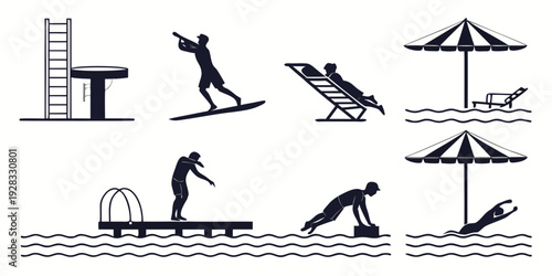 A series of illustrations depicting various water sports and activities Vector