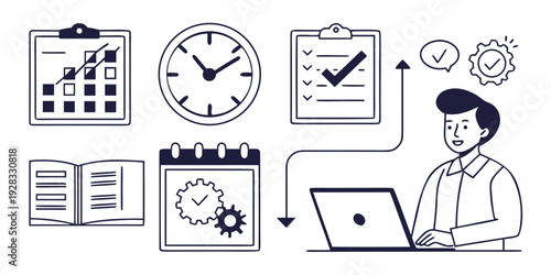 Illustration of a person working on a laptop with various productivity icons around them. Vector