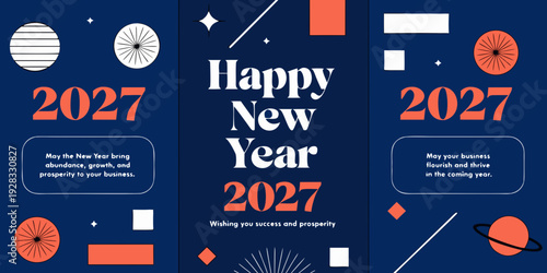 Corporate 2027 New Year Design – Modern Geometric Business Greeting Card with Professional Messages, Clean Layouts, and Abstract Holiday Artwork for Marketing and Seasonal Branding