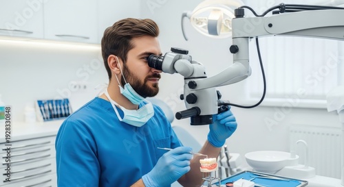 Dentist examines a dental model with precision tools in a bright and modern clinic during a busy weekday
