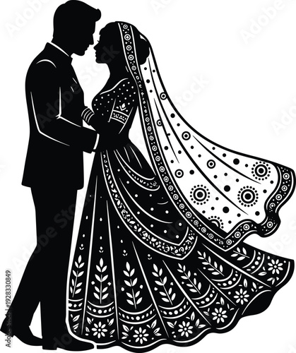 Romantic wedding couple silhouette, bride and groom embracing in traditional attire black and white decorative vector illustration