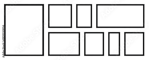 Set postage stamp frames collection rectangular templates isolated on transparent background, blank postal borders mockup, perforated edges, vintage philately design elements for branding collage