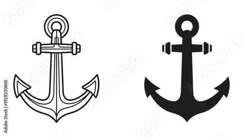 Two Anchors, Line Art and Silhouette, Isolated on White Background