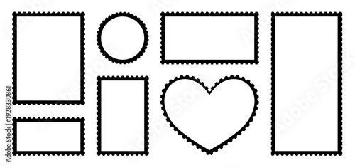 Creative postage stamp frames set with heart and circle shapes isolated on transparent background, blank postal templates, perforated borders, romantic vintage design elements for greeting cards