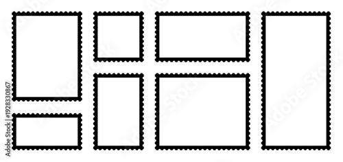Postage stamp frame collection rectangular templates isolated on transparent background, blank postal borders mockup set, perforated edges, vintage philately design for branding packaging collage