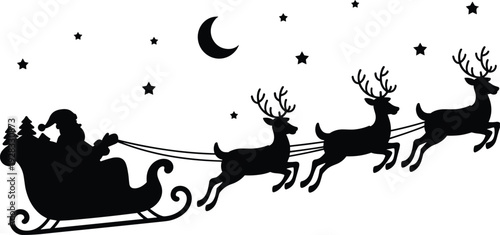 Santa Claus sleigh silhouette with reindeer, Christmas night scene black vector illustration isolated on white background holiday design