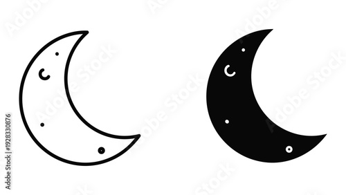 Crescent moon icons, black and white, with stars
