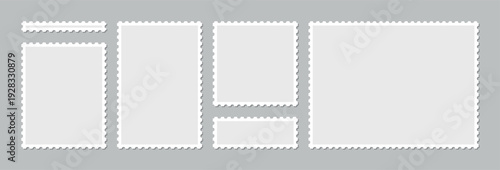 Light gray postage stamp frame collection isolated on neutral background, blank perforated border templates set for scrapbook branding mockup presentation, minimal postal layout design elements vector