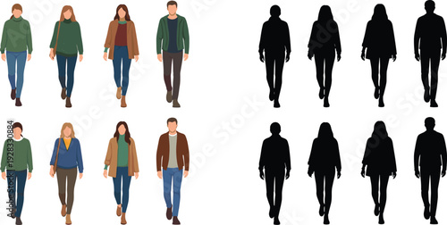 Collection of walking people silhouettes and flat characters in cad drawing flat vector illustration for architectural visualization and urban street scene design.