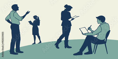 Diverse group of people engaged in various activities on a hillside. Vector