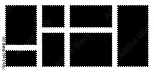 Postage stamp frame set various rectangle square formats isolated on transparent background, vintage perforated border collection, postal template mockup, blank black silhouette layout
