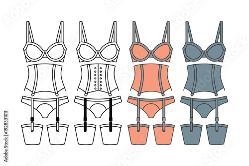 Lingerie colorful vector illustration of women's underwear and corsets