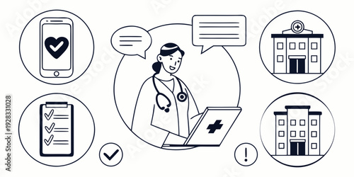 A person using a smartphone with various icons representing different services and activities. Vector