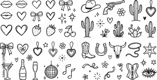 Western themed icons and symbols including cacti cowboy hats hearts and party elements on white background