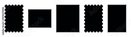 Postage stamp frames assorted square rectangle formats isolated on transparent background, vintage perforated border collection, postal template mockup set, blank black silhouette layout