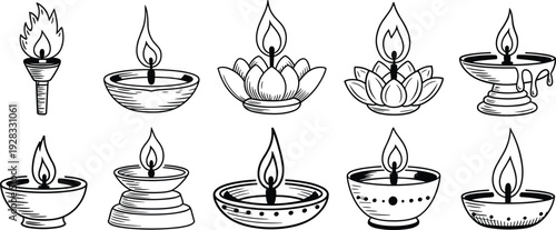 Traditional Diwali oil lamps collection, hand drawn black and white diya illustration set isolated on white background vector design