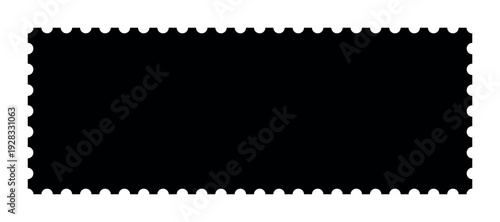 Wide postage stamp banner with perforated border isolated on transparent background, vintage postal template, long horizontal frame mockup, blank black silhouette layout for design