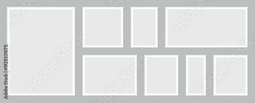 Realistic white postage stamp frames with perforated edges, blank templates collection isolated on grey background, square rectangle vertical horizontal mockups for postal design