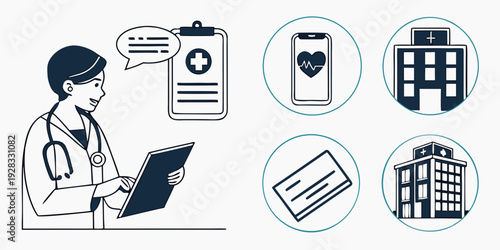 A woman working on a laptop surrounded by icons of different activities Vector