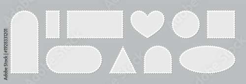 Various postage stamp shapes collection including rectangle, oval, heart, circle isolated on gray background, blank perforated templates for creative postal design mockup set