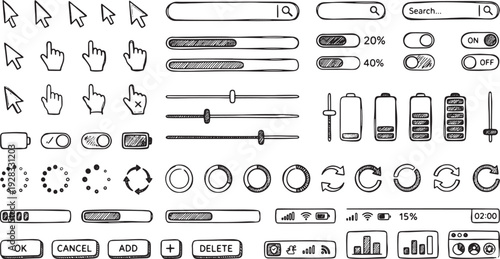 Collection of various computer interface icons and buttons for design and development purposes on a white background